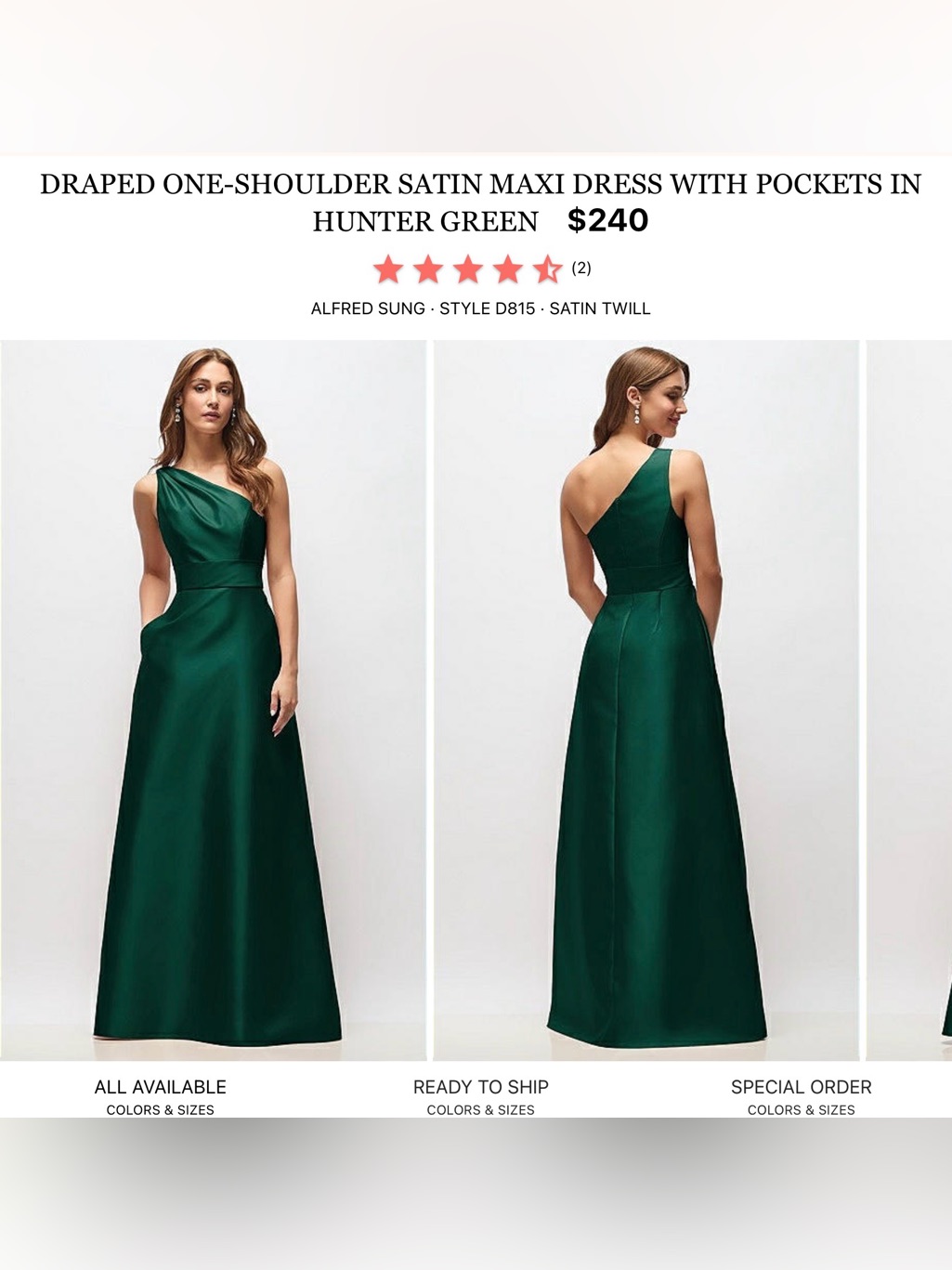 Alfred Sung One-Shoulder Satin Maxi Dress In Hunter Green